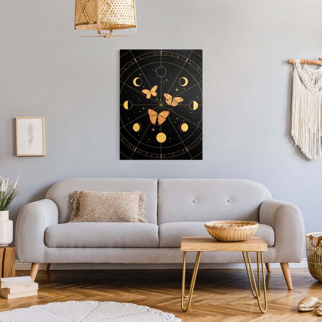 Canvas print gold - Moon Phases And Butterflies Pink
