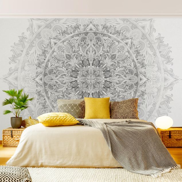 Wallpaper - Mandala Watercolour Ornament Pattern Black White