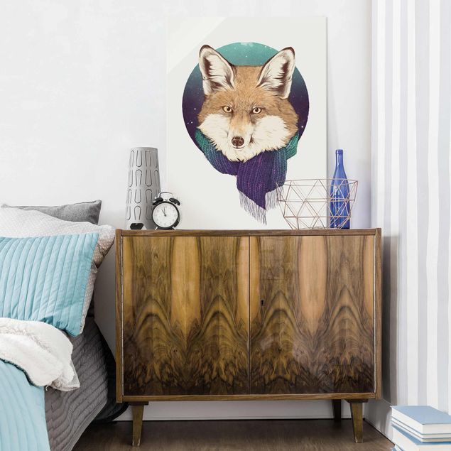 Glass print - Illustration Fox Moon Purple Turquoise
