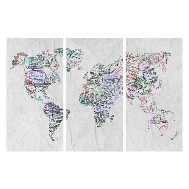 Print on canvas 3 parts - Passport Stamp World Map