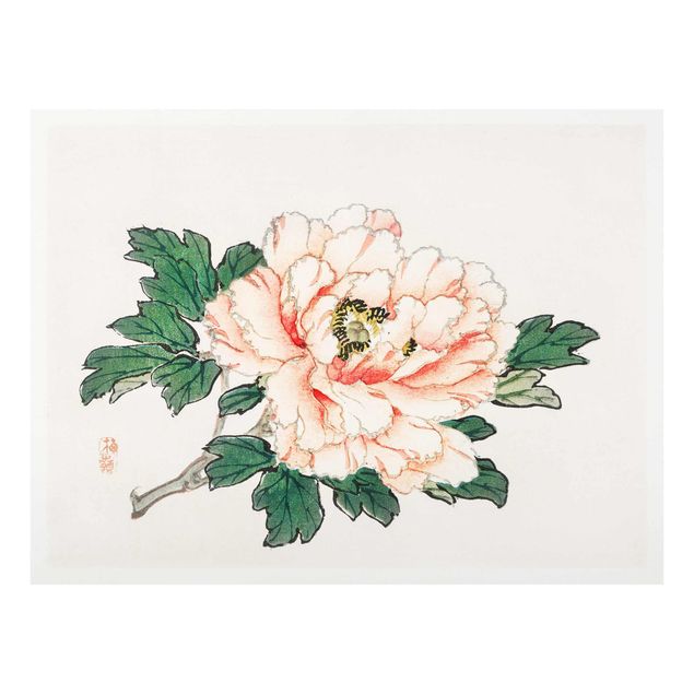 Glass print - Asian Vintage Drawing Pink Chrysanthemum