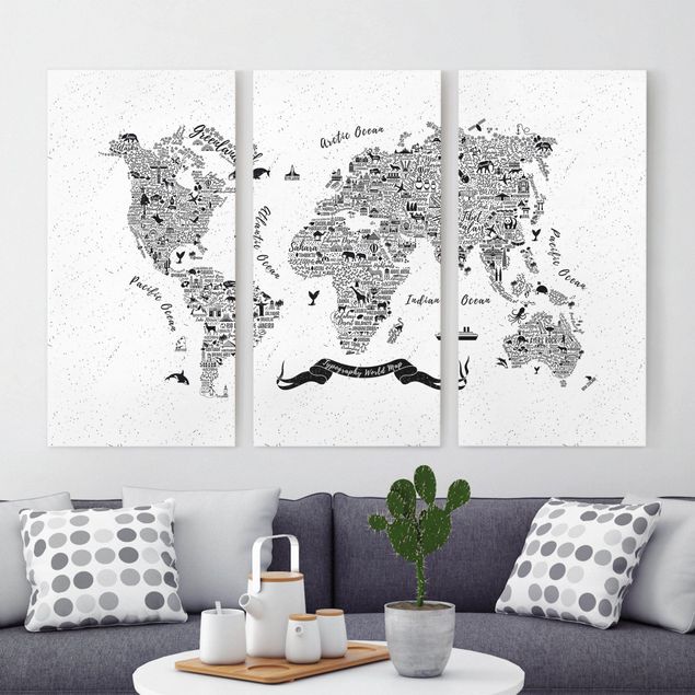Print on canvas 3 parts - Typography World Map White