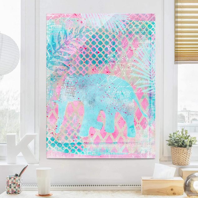 Magnettafel Glas Colourful Collage - Elephant In Blue And Pink