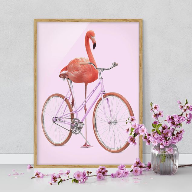 Framed poster - Flamingo With Bicycle