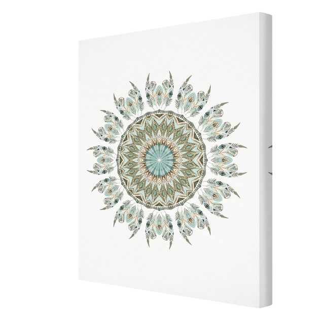 Print on canvas - Mandala WaterColours Feathers Hand Painted Blue Green
