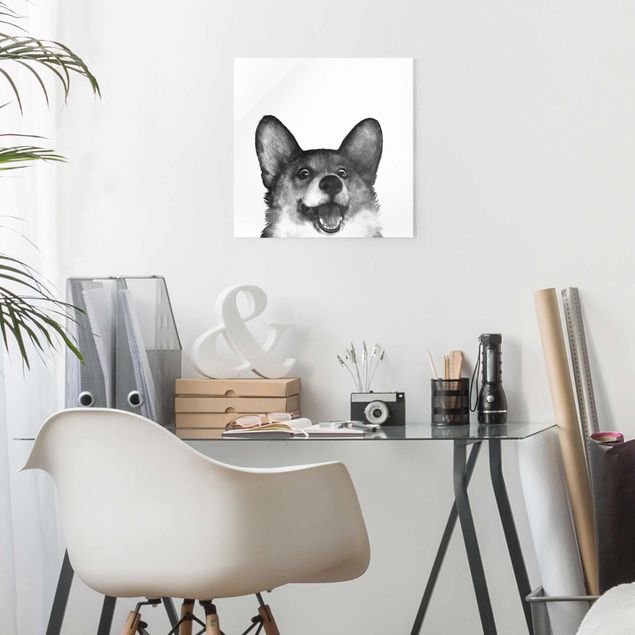 Magnettafel Glas Illustration Dog Corgi Black And White Painting