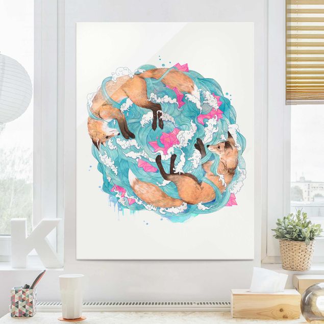 Glass print - Illustration Foxes And Waves Painting