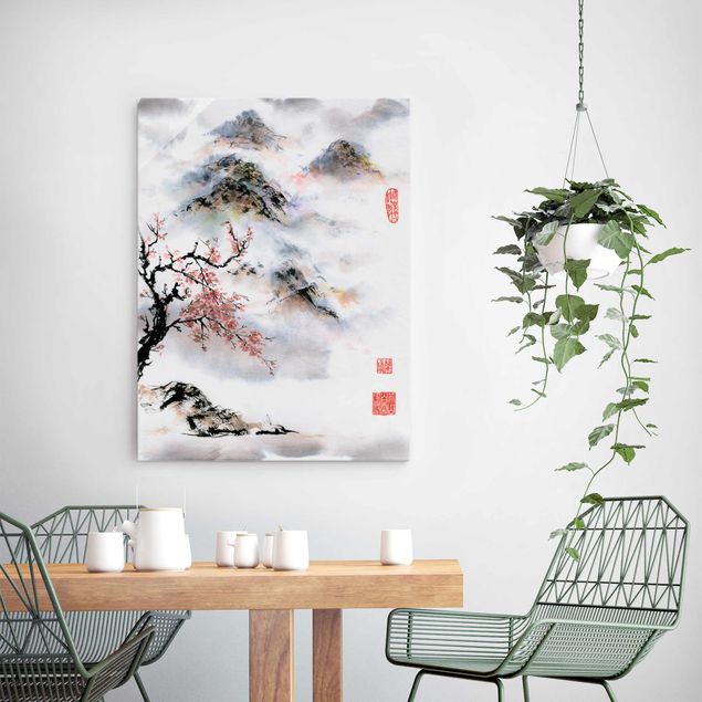 Glass print - Japanese Watercolour Drawing Cherry Tree And Mountains