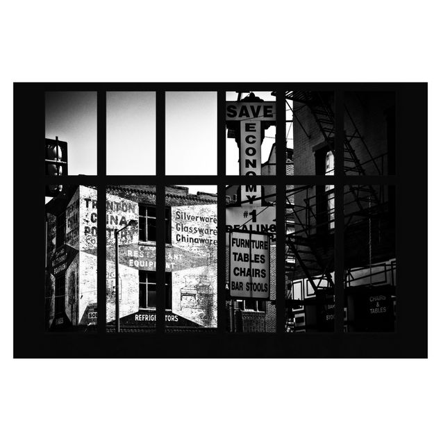Wallpaper - Window View American Building Facade In Black And White