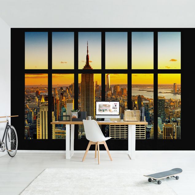 Wallpapers Window View Manhattan Skyline Sunset