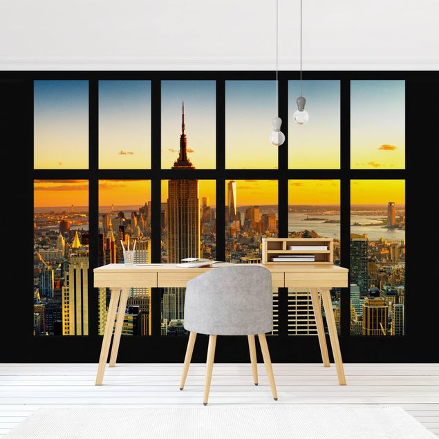 Wallpaper - Window View Manhattan Skyline Sunset