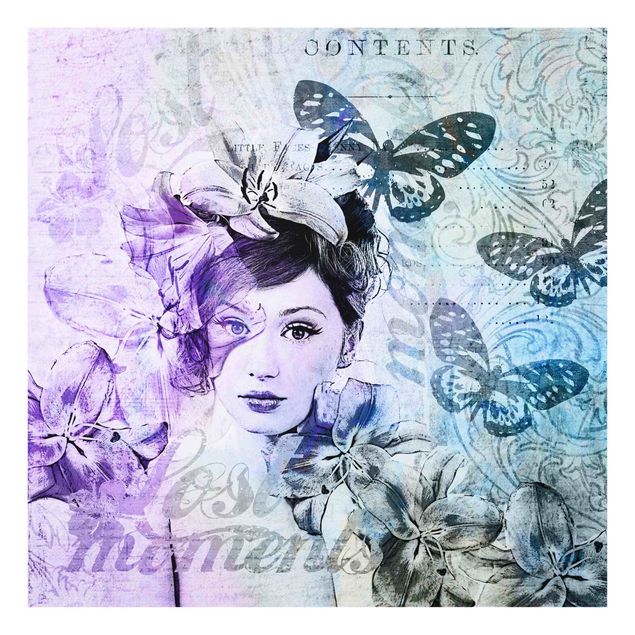 Glass print - Shabby Chic Collage - Portrait With Butterflies