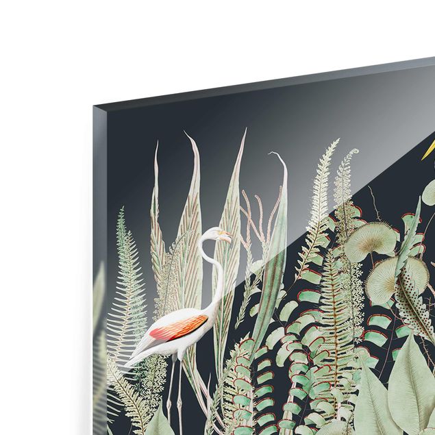 Glass print - Flamingo And Stork With Plants On Green