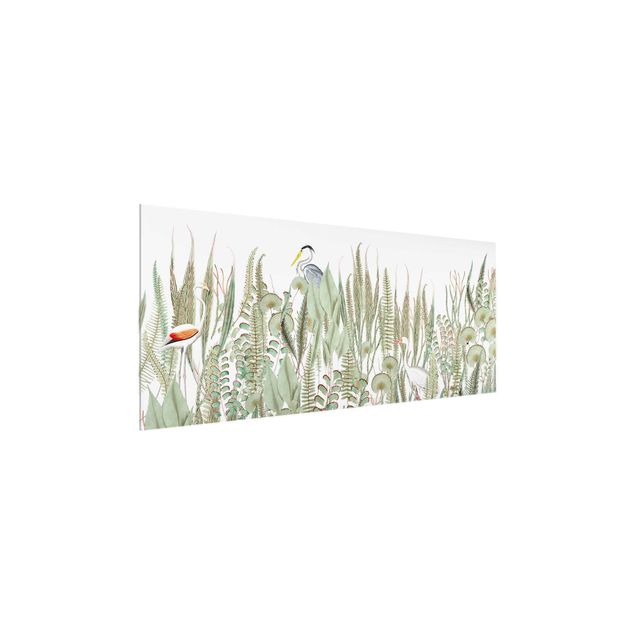 Glass print - Flamingo And Stork With Plants