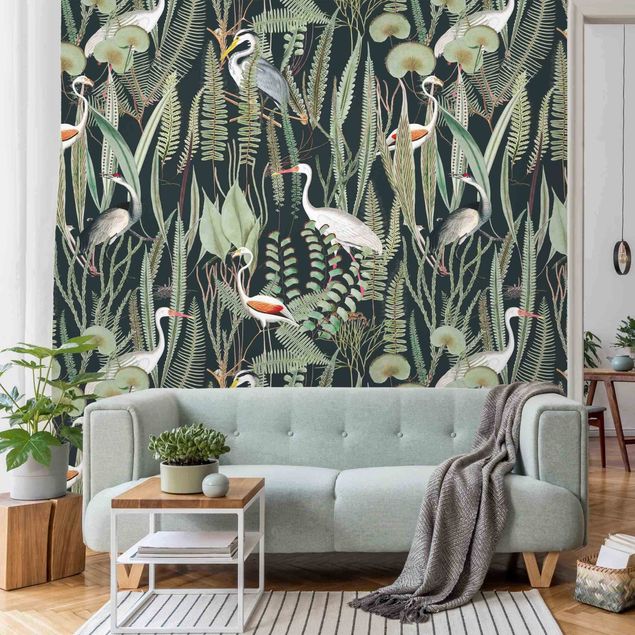 Wallpapers Flamingos And Storks With Plants On Green
