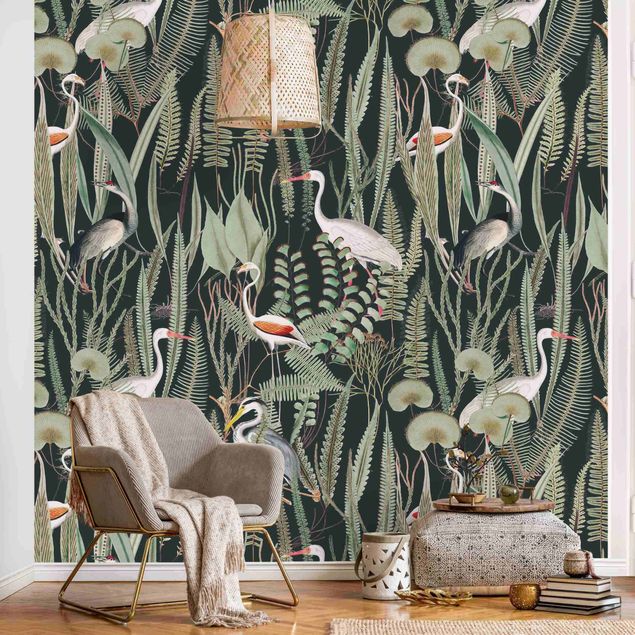 Wallpaper - Flamingos And Storks With Plants On Green