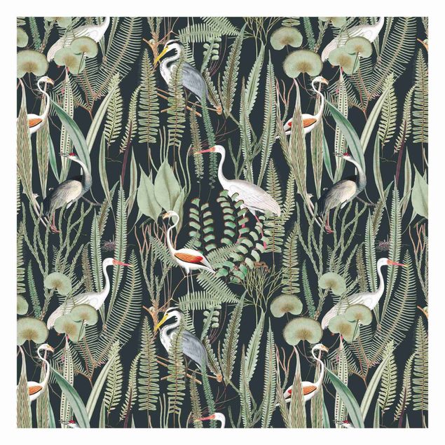 Wallpaper - Flamingos And Storks With Plants On Green