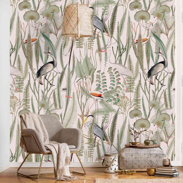 Wallpaper - Flamingos And Storks With Plants