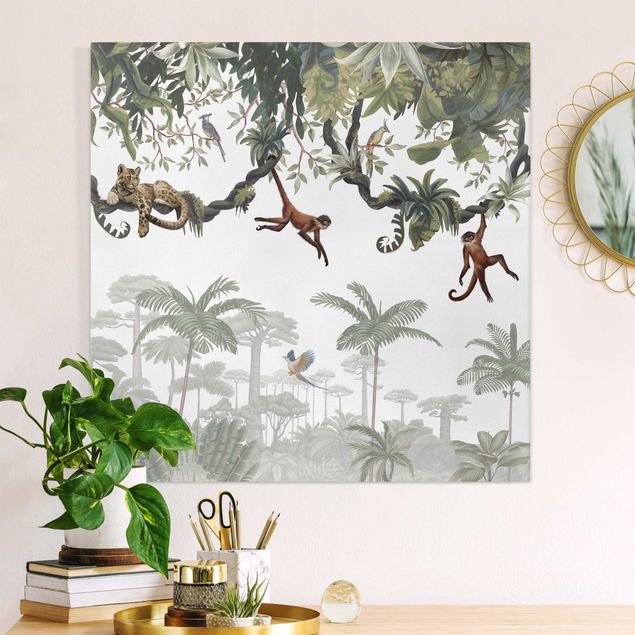 Print on canvas - Cheeky monkeys in tropical canopies - Square 1:1