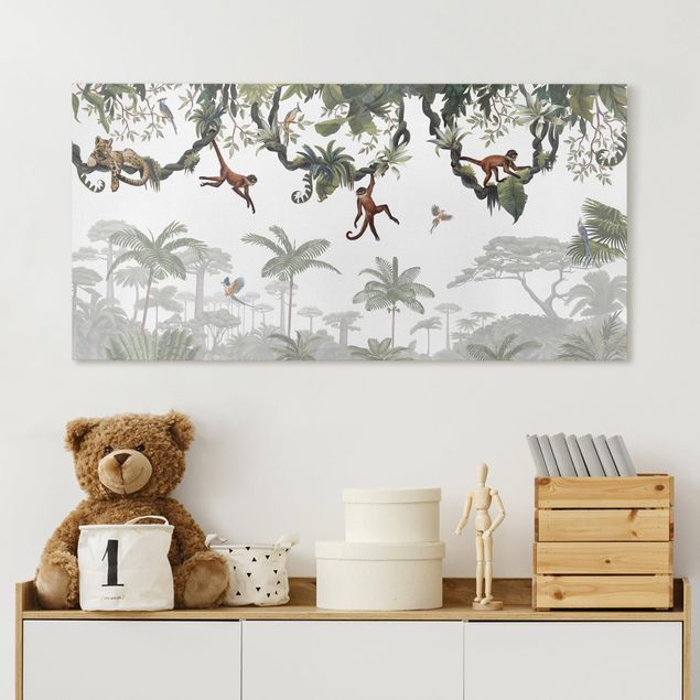 Print on canvas - Cheeky monkeys in tropical canopies - Landscape format 2:1