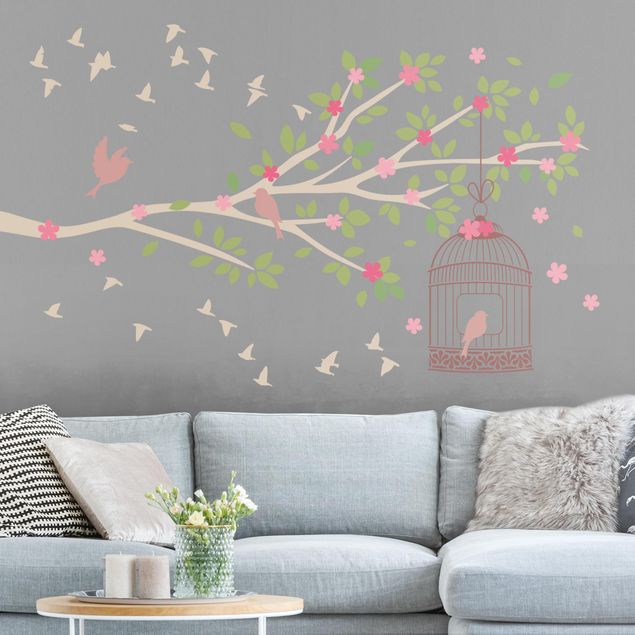 Animal print wall stickers Spring branch with birdcage