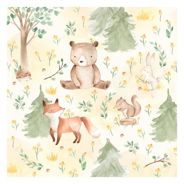Wallpaper - Fox and bear with flowers and trees