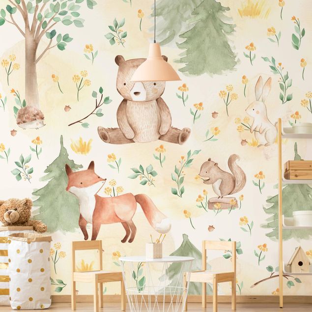 Wallpaper - Fox and bear with flowers and trees