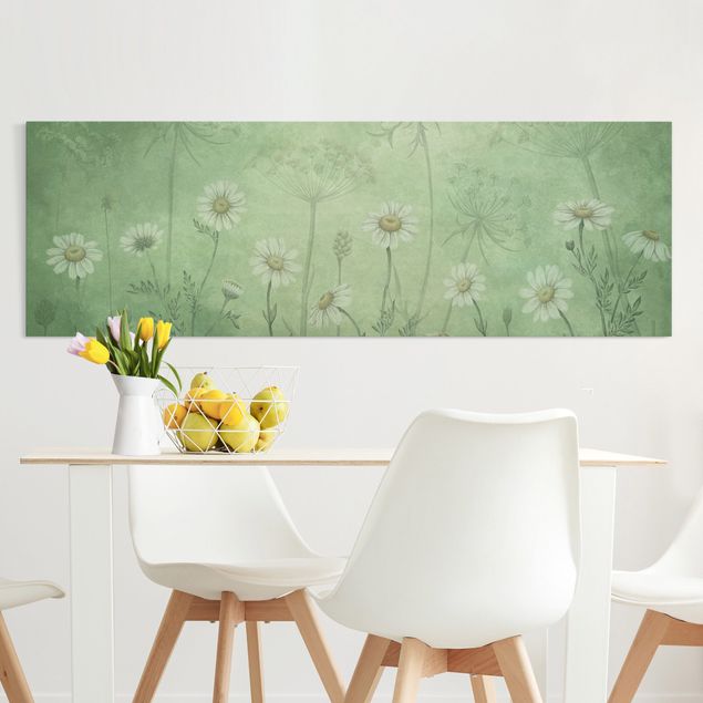 Print on canvas - Daisies in the green mist - Panorama 3:1