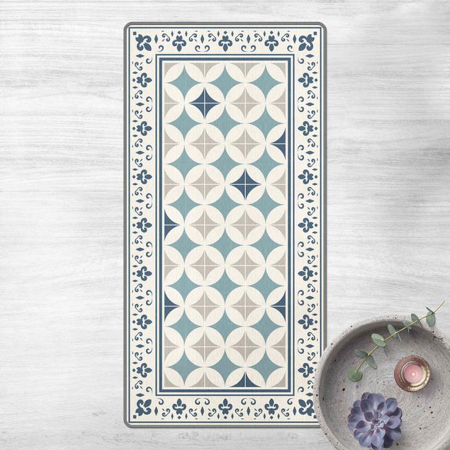 contemporary rugs Geometrical Tiles Circular Flowers Dark Blue With Border