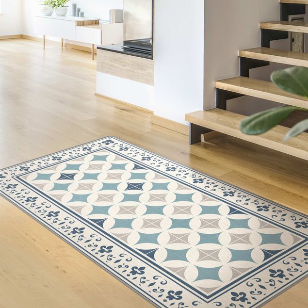 rug tile pattern Geometrical Tiles Circular Flowers Dark Blue With Border