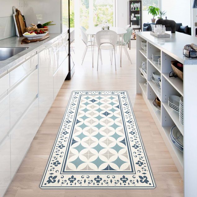 dining room area rugs Geometrical Tiles Circular Flowers Dark Blue With Border
