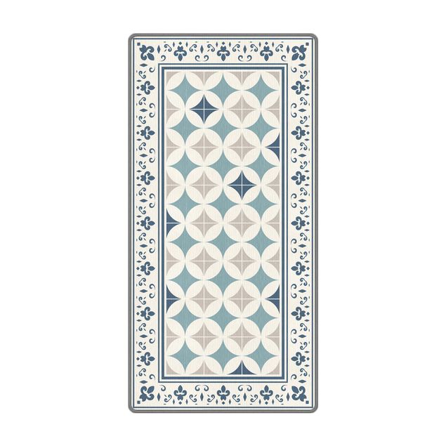 flat weave rug Geometrical Tiles Circular Flowers Dark Blue With Border