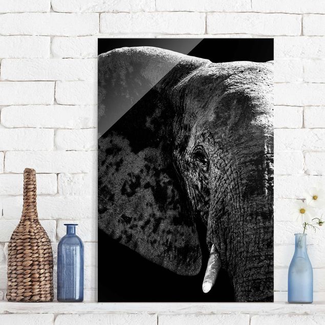 Glas Magnetboard African Elephant black & white