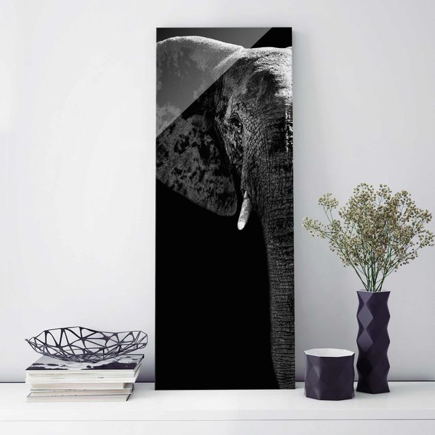Glas Magnetboard African Elephant black & white