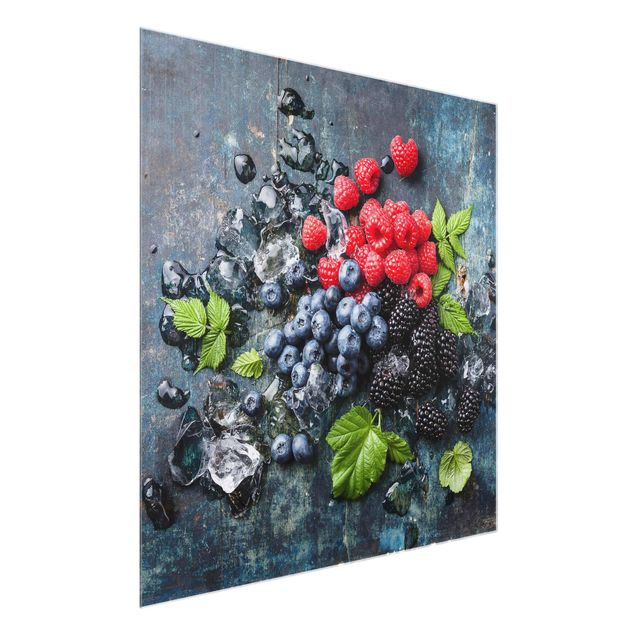 Glass print - Berry Mix With Ice Cubes Wood