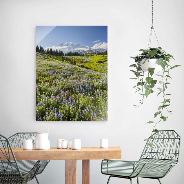 Glass print - Mountain Meadow With Red Flowers in Front of Mt. Rainier