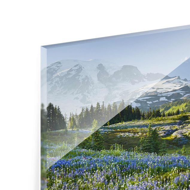 Glass print - Mountain Meadow With Blue Flowers in Front of Mt. Rainier