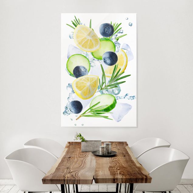 Glass print - Blueberries Lemon Ice Spash