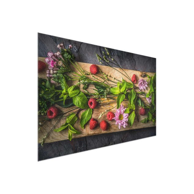 Glass print - Flowers Raspberries Mint