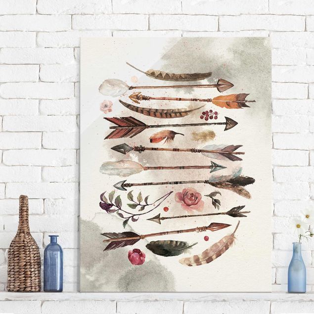 Glas Magnettafel Boho Arrows And Feathers - Watercolour
