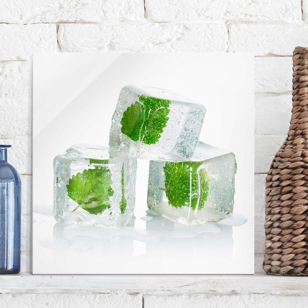 Glass print - Three Ice Cubes With Lemon Balm
