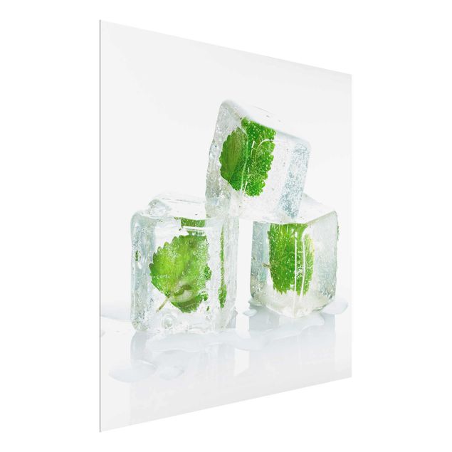 Glass print - Three Ice Cubes With Lemon Balm