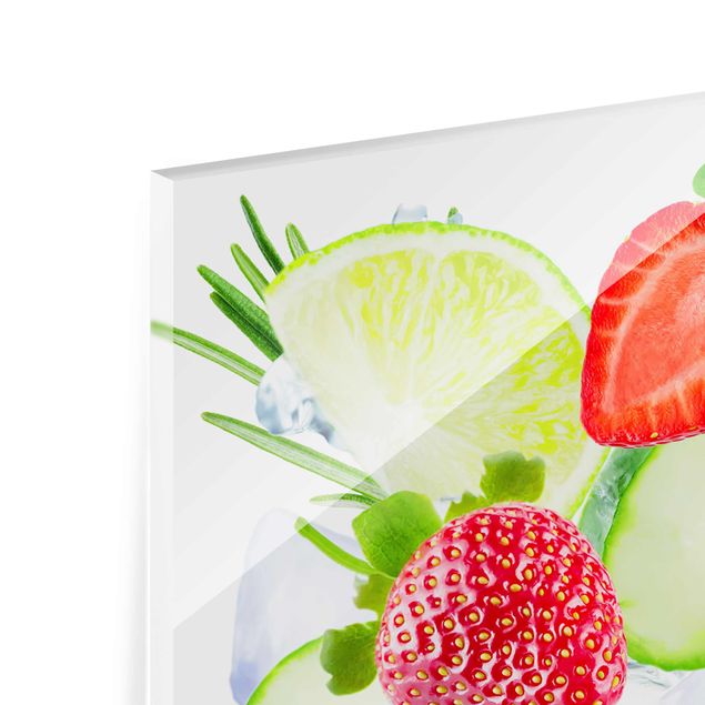 Glass print - Strawberries Lime Ice Cubes Splash