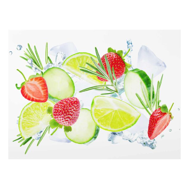 Glass print - Strawberries Lime Ice Cubes Splash