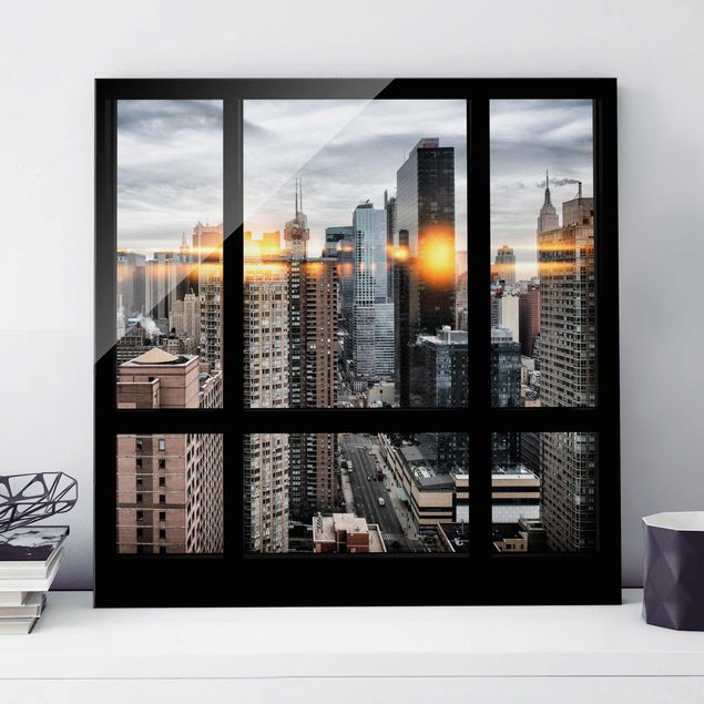 Magnettafel Glas Windows Overlooking New York With Sun Reflection