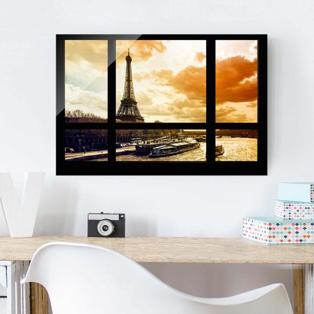 Magnettafel Glas Window view - Paris Eiffel Tower sunset