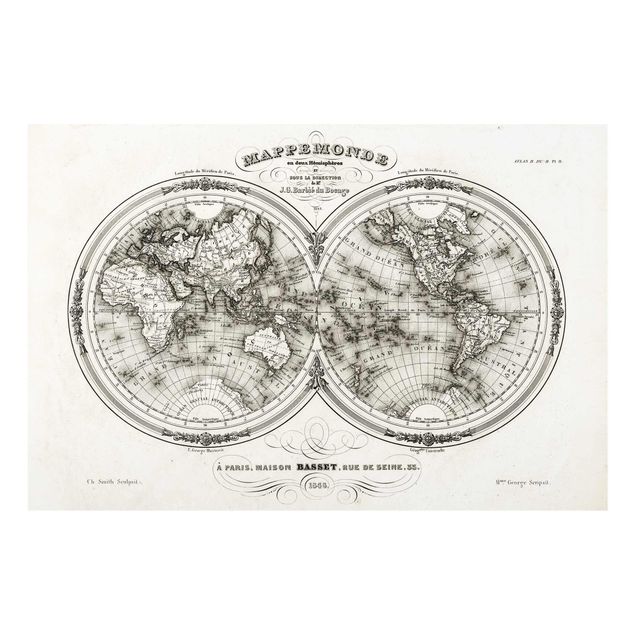 Glass print - French map of the hemispheres from 1848
