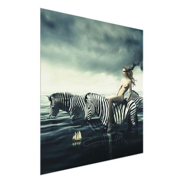 Glass print - Woman Posing With Zebras