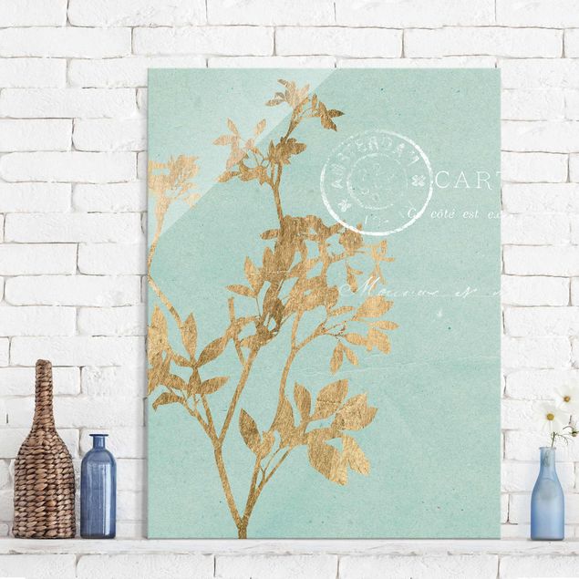 Glass print - Golden Leaves On Turquoise I