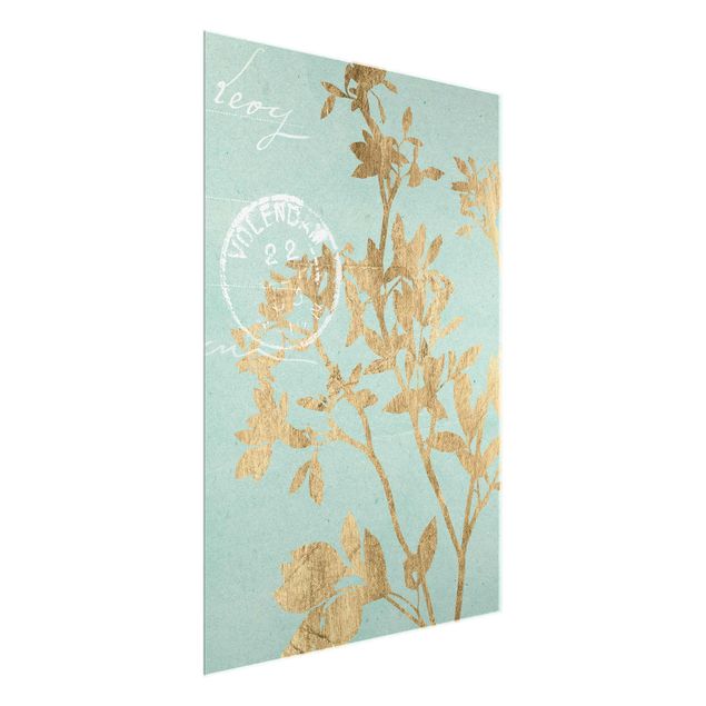 Glass print - Golden Leaves On Turquoise II